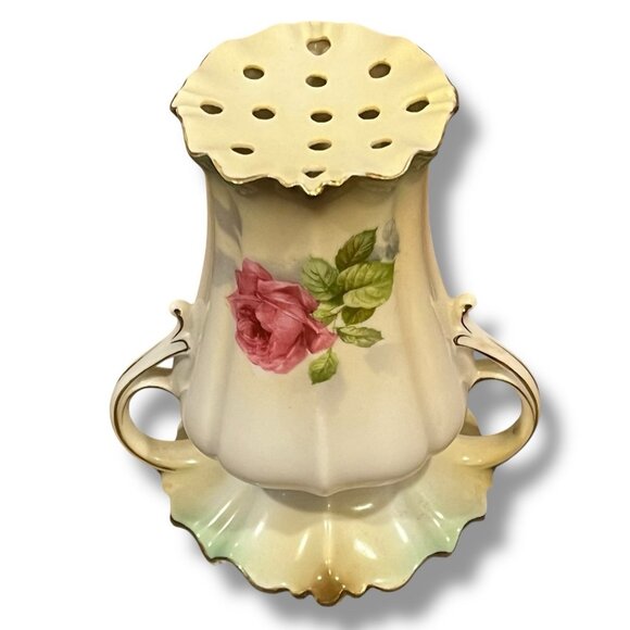Vintage RS Prussia Hat Pin Holder Two Handles Pink Rose Green Gold Trim Red Star - Picture 2 of 9